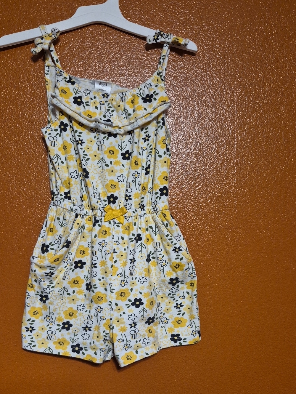 Gerber White Floral Tie-Shoulder Romper with Yellow Accents
